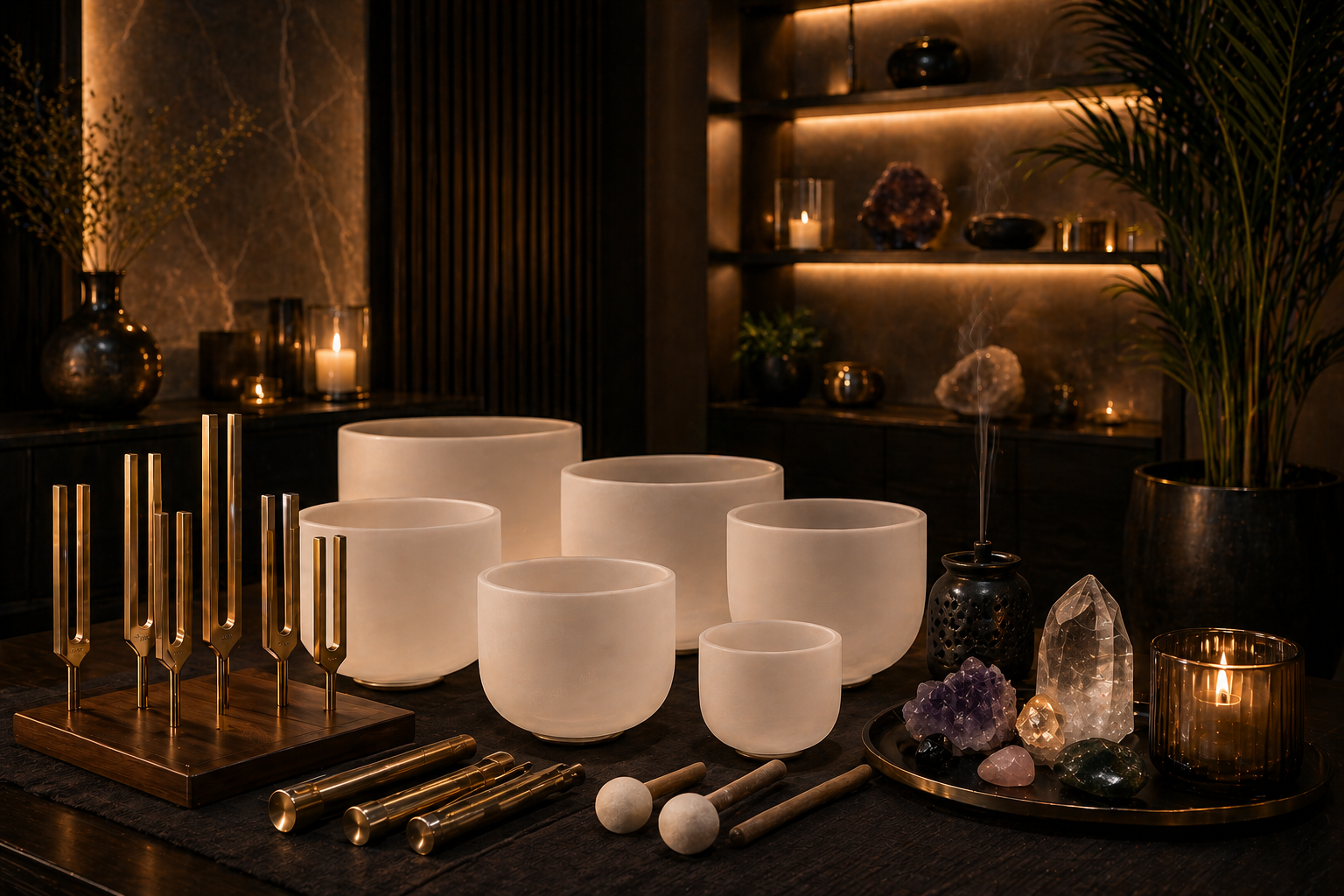 Crystal bowls and sound ritual tools